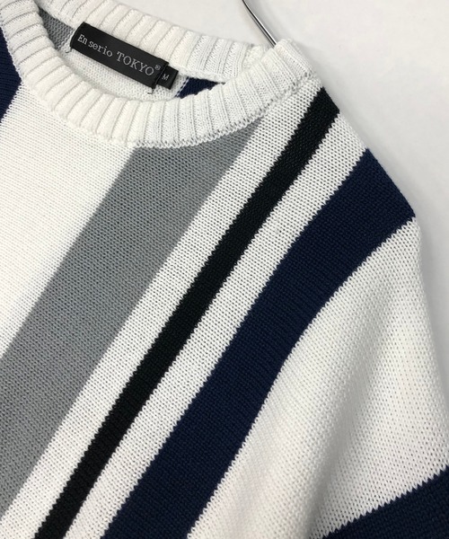 En serio TOKYO（エンソリオトーキョー）の「TC ニット / マルチストライプ ビッグシルエット サマーニット Tシャツ（ニット/セーター・メンズ・オフホワイト/パープル/ブラック/ベージュ・M/L）」の21枚目の写真