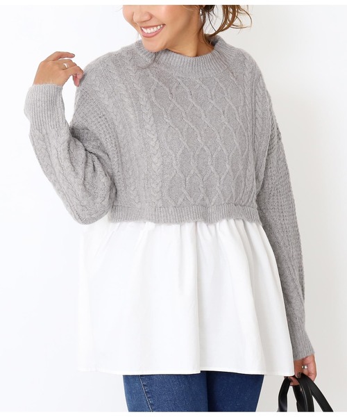 Alluge（アルージュ）の「ケーブルニット×布帛ドッキングプルオーバー（Tシャツ/カットソー・レディース・ベージュ/グレー・FREE）」の2枚目の写真