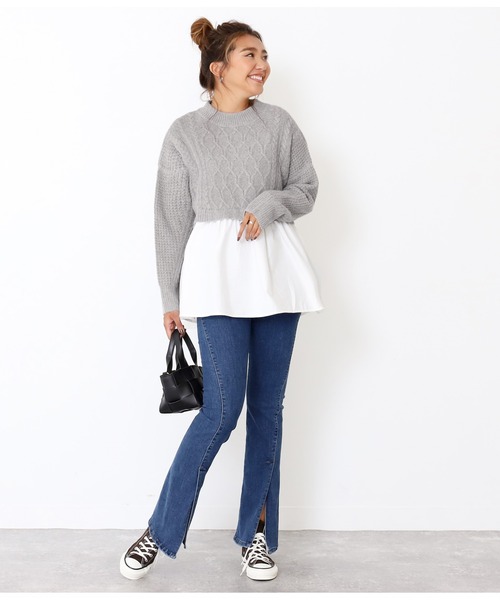 Alluge（アルージュ）の「ケーブルニット×布帛ドッキングプルオーバー（Tシャツ/カットソー・レディース・ベージュ/グレー・FREE）」の11枚目の写真