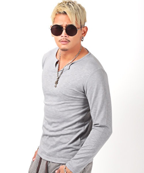 LUXSTYLE（ラグスタイル）の「スラブキーネック長袖Tシャツ（Tシャツ/カットソー・メンズ・ホワイト/ブラック/ネイビー/グレー/カーキ/ピンク・L/XL/M）」の4枚目の写真