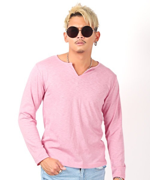 LUXSTYLE（ラグスタイル）の「スラブキーネック長袖Tシャツ（Tシャツ/カットソー・メンズ・ホワイト/ブラック/ネイビー/グレー/カーキ/ピンク・L/XL/M）」の6枚目の写真