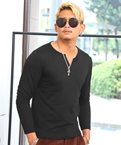 LUXSTYLE（ラグスタイル）の「スラブキーネック長袖Tシャツ（Tシャツ/カットソー・メンズ・ホワイト/ブラック/ネイビー/グレー/カーキ/ピンク・L/XL/M）」の3枚目の写真