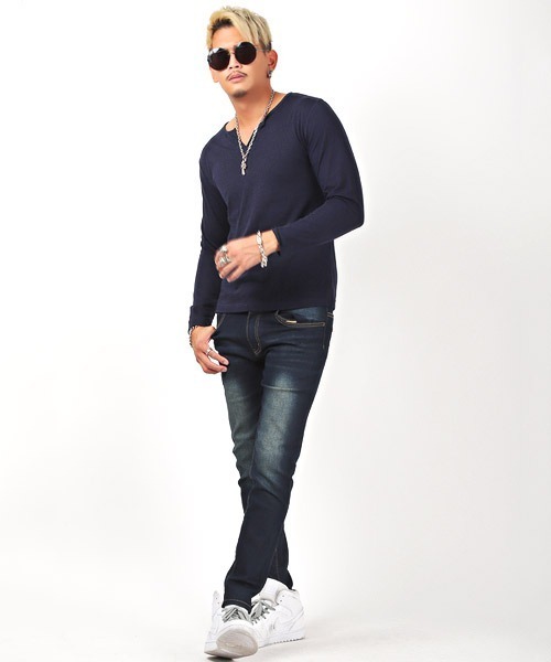 LUXSTYLE（ラグスタイル）の「スラブキーネック長袖Tシャツ（Tシャツ/カットソー・メンズ・ホワイト/ブラック/ネイビー/グレー/カーキ/ピンク・L/XL/M）」の13枚目の写真