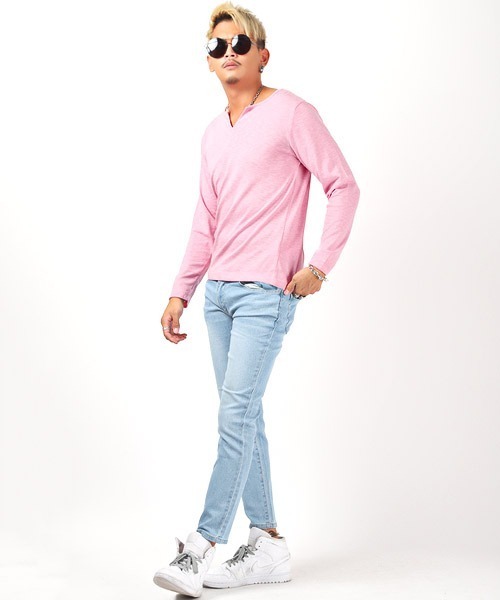 LUXSTYLE（ラグスタイル）の「スラブキーネック長袖Tシャツ（Tシャツ/カットソー・メンズ・ホワイト/ブラック/ネイビー/グレー/カーキ/ピンク・L/XL/M）」の14枚目の写真