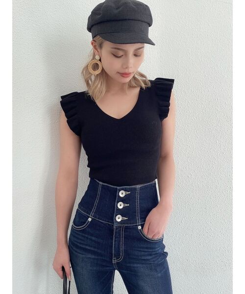 GYDA(ジェイダ)の「フリルノースリーブニット TOPS(ニット/セーター・レディース・オフホワイト/ブラック/ライトグリーン・FREE)」の3枚目の写真