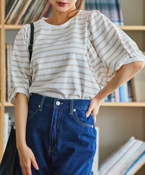 WEGO（ウィゴー）の「WEGO/ボーダーボリュームパフT（Tシャツ/カットソー・レディース・ブラック系その他5/ベージュ系その他5/イエロー系その他6・FREE）」の3枚目の写真