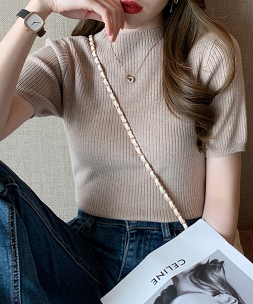 【美品】D&G ハイネック半袖ニットセーター 48 セール】プチハイネック半袖リブニット（ニット/セーター