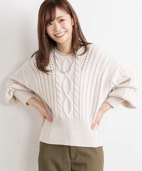 prose verse(プロズヴェール)の「ボリューム袖ケーブル編みニット(ニット/セーター・レディース・ライム/ブラック/バイオレット/オフホワイト・FREE)」の2枚目の写真