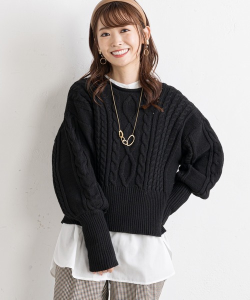 prose verse(プロズヴェール)の「ボリューム袖ケーブル編みニット(ニット/セーター・レディース・ライム/ブラック/バイオレット/オフホワイト・FREE)」の3枚目の写真