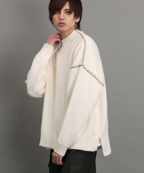 air tokyo sellection(エアートウキョウセレクション)の「ブランケット ステッチ モックネック ニット セーター(ニット/セーター・メンズ・ブラック/オフホワイト/グリーン/グレイッシュベージュ・MEDIUM/LARGE)」の2枚目の写真