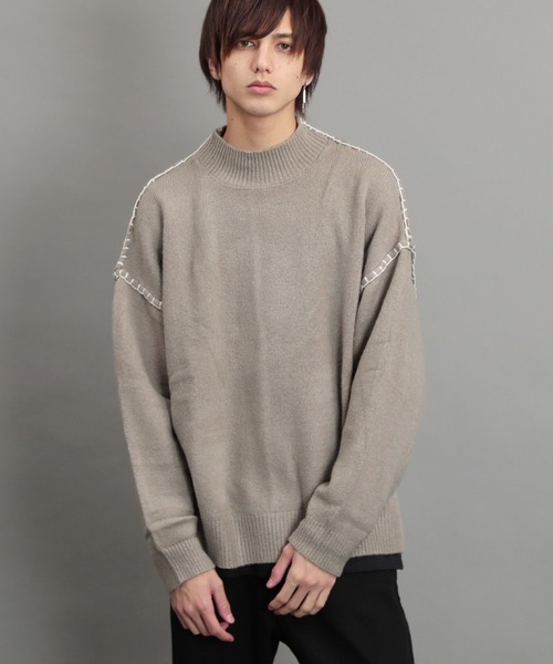 air tokyo sellection(エアートウキョウセレクション)の「ブランケット ステッチ モックネック ニット セーター(ニット/セーター・メンズ・ブラック/オフホワイト/グリーン/グレイッシュベージュ・MEDIUM/LARGE)」の1枚目の写真