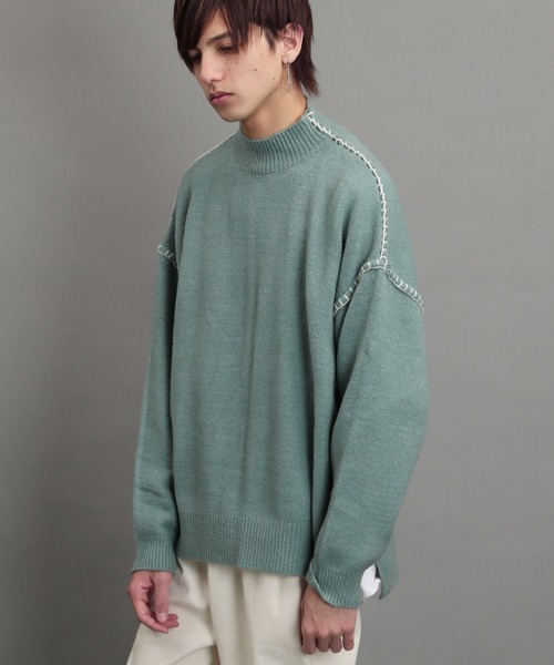 air tokyo sellection(エアートウキョウセレクション)の「ブランケット ステッチ モックネック ニット セーター(ニット/セーター・メンズ・ブラック/オフホワイト/グリーン/グレイッシュベージュ・MEDIUM/LARGE)」の4枚目の写真