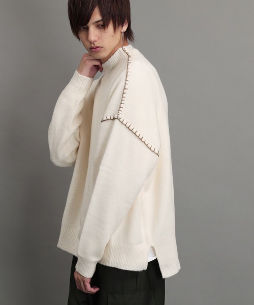 air tokyo sellection(エアートウキョウセレクション)の「ブランケット ステッチ モックネック ニット セーター(ニット/セーター・メンズ・ブラック/オフホワイト/グリーン/グレイッシュベージュ・MEDIUM/LARGE)」の6枚目の写真