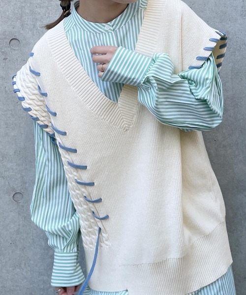 w closet（ダブルクローゼット）の「ハンドステッチ編地切替ニットベスト（ニット/セーター・レディース・オフホワイト/ライム・FREE）」の5枚目の写真