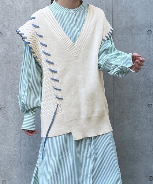 w closet（ダブルクローゼット）の「ハンドステッチ編地切替ニットベスト（ニット/セーター・レディース・オフホワイト/ライム・FREE）」の10枚目の写真