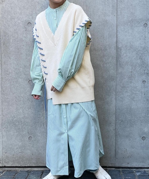 w closet（ダブルクローゼット）の「ハンドステッチ編地切替ニットベスト（ニット/セーター・レディース・オフホワイト/ライム・FREE）」の12枚目の写真