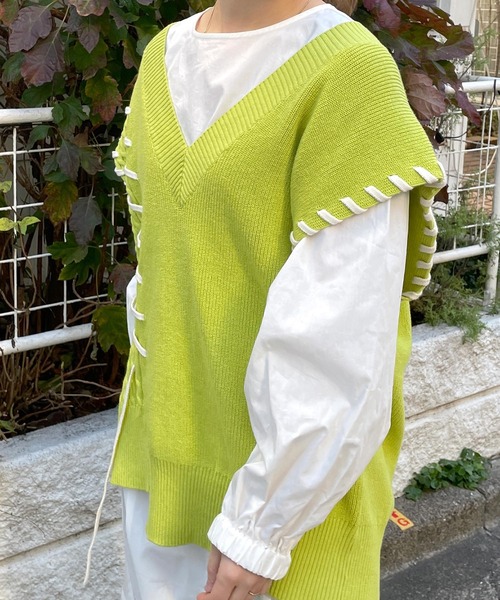 w closet（ダブルクローゼット）の「ハンドステッチ編地切替ニットベスト（ニット/セーター・レディース・オフホワイト/ライム・FREE）」の14枚目の写真