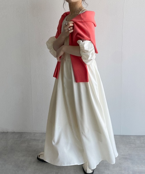 w closet（ダブルクローゼット）の「シャーリングオープンショルダーワンピース（ワンピース・レディース・グリーン/アイボリー/スミクロ・FREE）」の14枚目の写真