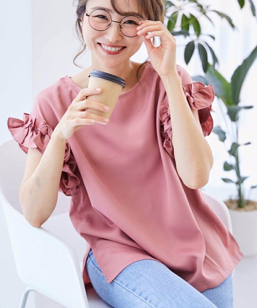 M y u(ミュー)の「袖ギャザー フリル ジョーゼット ブラウス(シャツ/ブラウス・レディース・アイボリー/ブラック/グリーン/ピンク・FREE)」の14枚目の写真