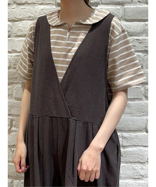 Samansa Mos2(サマンサ モスモス)の「ちび襟ボーダーTシャツ(Tシャツ/カットソー・レディース・ベージュ/ネイビー/レッド/オフホワイト・フリ-)」の3枚目の写真