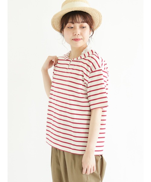 Samansa Mos2(サマンサ モスモス)の「ちび襟ボーダーTシャツ(Tシャツ/カットソー・レディース・ベージュ/ネイビー/レッド/オフホワイト・フリ-)」の4枚目の写真