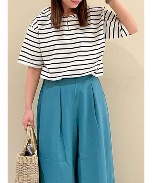 Samansa Mos2(サマンサ モスモス)の「ちび襟ボーダーTシャツ(Tシャツ/カットソー・レディース・ベージュ/ネイビー/レッド/オフホワイト・フリ-)」の2枚目の写真