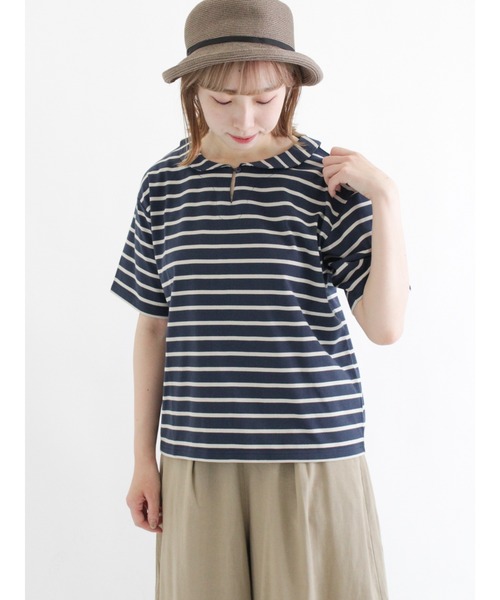 Samansa Mos2(サマンサ モスモス)の「ちび襟ボーダーTシャツ(Tシャツ/カットソー・レディース・ベージュ/ネイビー/レッド/オフホワイト・フリ-)」の11枚目の写真