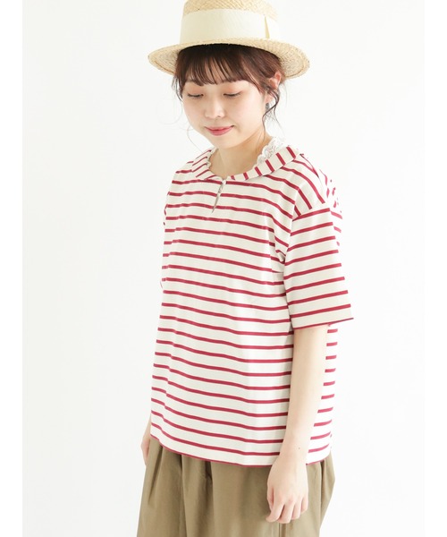 Samansa Mos2(サマンサ モスモス)の「ちび襟ボーダーTシャツ(Tシャツ/カットソー・レディース・ベージュ/ネイビー/レッド/オフホワイト・フリ-)」の15枚目の写真