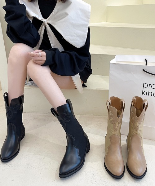 Vipoa（ヴィポア）の「ミドルウエスタンブーツ（ブーツ・レディース・ブラック/ベージュ・SMALL/MEDIUM/LARGE）」の6枚目の写真