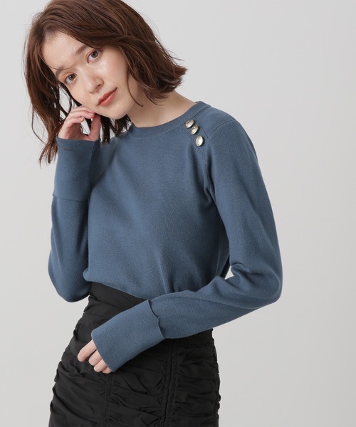 N.(N. Natural Beauty Basic)(エヌエヌナチュラルビューティーベーシック)の「◆ショルダーボタン総針ニット(Tシャツ/カットソー・レディース・ネイビー/ブルー/オフホワイト・MEDIUM)」の1枚目の写真