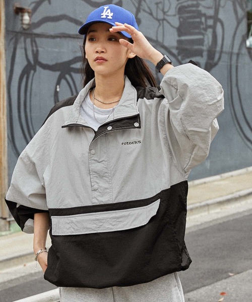 retock's】ロゴ刺繍 ナイロン ビッグアノラック切替スタンドブルゾン