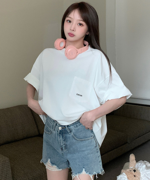 DEVICE（デバイス）の「【オリジナル】オーバーサイズ ポケット刺繍 コットン ビックシルエット 半袖 Tシャツ（Tシャツ/カットソー・レディース・ホワイト・FREE）」の10枚目の写真