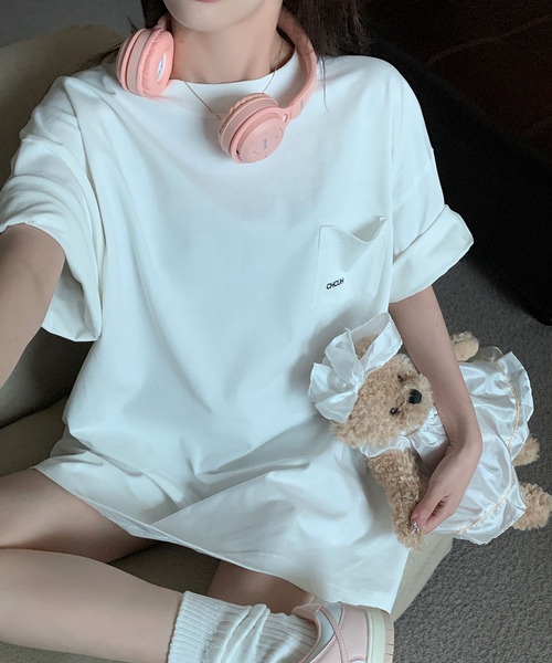 DEVICE（デバイス）の「【オリジナル】オーバーサイズ ポケット刺繍 コットン ビックシルエット 半袖 Tシャツ（Tシャツ/カットソー・レディース・ホワイト・FREE）」の7枚目の写真