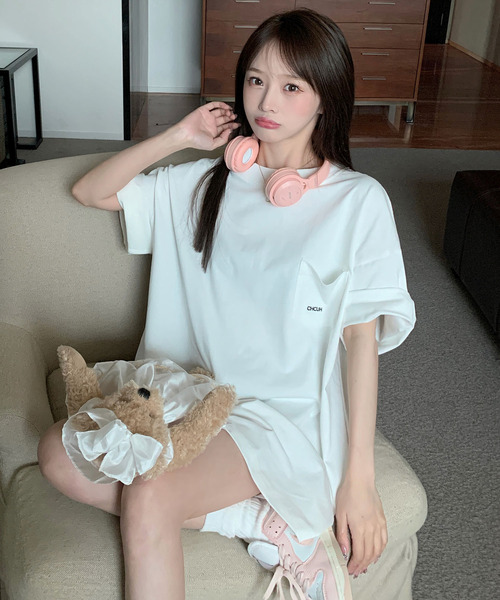 DEVICE（デバイス）の「【オリジナル】オーバーサイズ ポケット刺繍 コットン ビックシルエット 半袖 Tシャツ（Tシャツ/カットソー・レディース・ホワイト・FREE）」の6枚目の写真