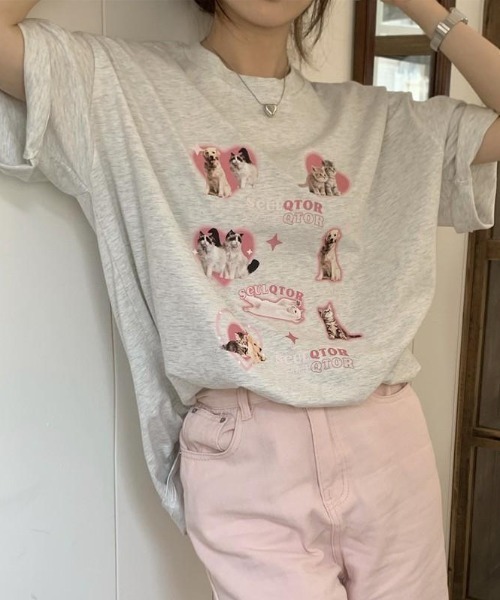 almo（アルモ）の「ハートイヌネコＴシャツ(BQ)（Tシャツ/カットソー・レディース・アイボリー/ホワイト・FREE）」の2枚目の写真