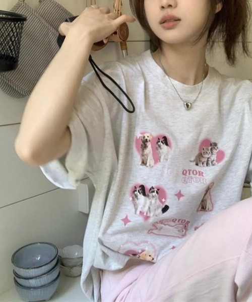 almo（アルモ）の「ハートイヌネコＴシャツ(BQ)（Tシャツ/カットソー・レディース・アイボリー/ホワイト・FREE）」の9枚目の写真