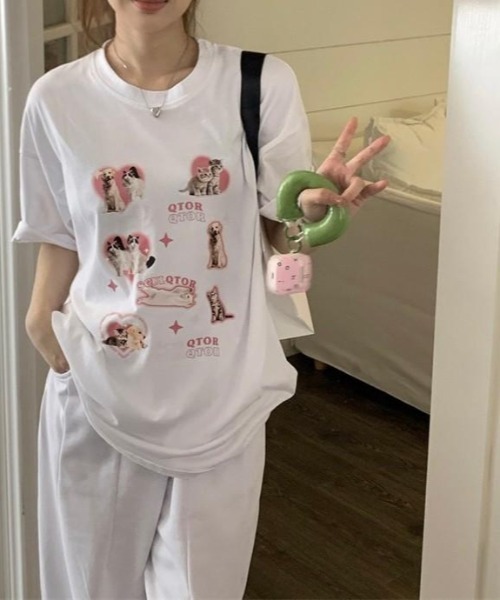 almo（アルモ）の「ハートイヌネコＴシャツ(BQ)（Tシャツ/カットソー・レディース・アイボリー/ホワイト・FREE）」の4枚目の写真