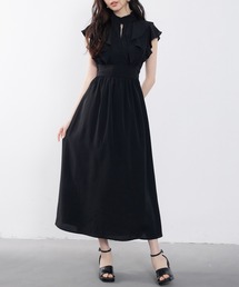 フリルカラーロング丈ジョゼットワンピース