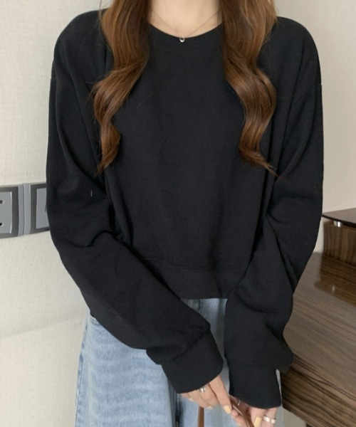 AMAJI(アマジ)の「長袖ショート Tシャツデザインセンスニッチトップスオールマッチセーター(ニット/セーター・レディース・ライトブルー/ライトグレー/ライトグリーン/イエロー/アイボリー/ブラック・FREE)」の2枚目の写真
