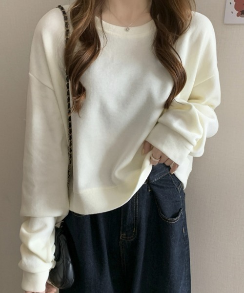 AMAJI(アマジ)の「長袖ショート Tシャツデザインセンスニッチトップスオールマッチセーター(ニット/セーター・レディース・ライトブルー/ライトグレー/ライトグリーン/イエロー/アイボリー/ブラック・FREE)」の12枚目の写真