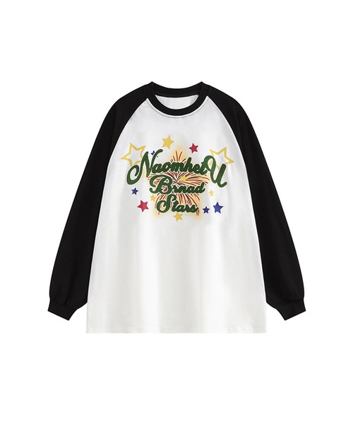 HOOK(フック)の「【HOOK】ポップ風プリントラグランスリーブロングTEE(Tシャツ/カットソー・メンズ・ホワイト/ライトベージュ・XL/M/L)」の1枚目の写真