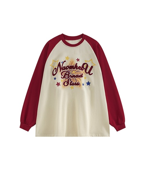 HOOK(フック)の「【HOOK】ポップ風プリントラグランスリーブロングTEE(Tシャツ/カットソー・メンズ・ホワイト/ライトベージュ・XL/M/L)」の2枚目の写真