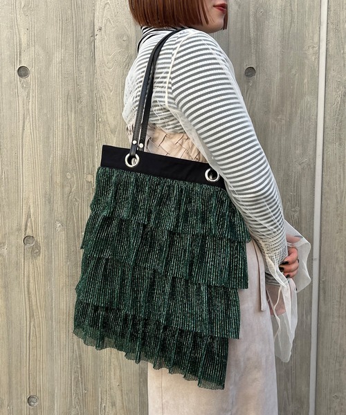 ELLEgirl（エルガール）の「ラメプリーツフリルトートバッグ【ELLEgirl/エル ガール】（トートバッグ・レディース・ダークグリーン/ピンク/アンティークゴールド・FREE）」の16枚目の写真