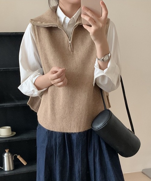 SETUP7(セットアップセブン)の「【SETUP7】ハーフジップニットベスト SCCH453(ベスト・レディース・グレー/ホワイト/ベージュ/ブラック・FREE)」の1枚目の写真