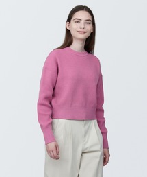 婦人 洗える畦編みショート丈クルーネックセーター