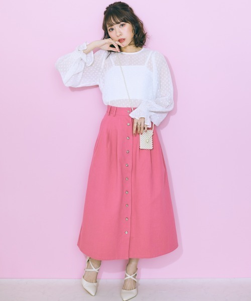 marun(マルン)の「<大きいサイズ> 薔薇ボタンフレアスカート marun(スカート・レディース・ピンク・5L/4L/3L/LL/L)」の7枚目の写真