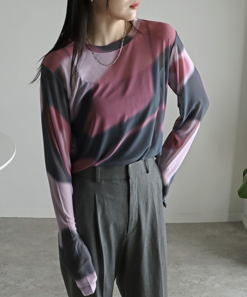 アート柄ロングスリーブシアーTシャツ（Tシャツ/カットソー