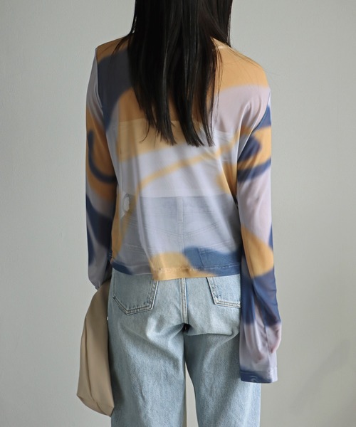 COURO（コウロ）の「アート柄ロングスリーブシアーＴシャツ（Tシャツ/カットソー・レディース・ブルー系/グリーン系/ピンク/ブルーグレー/パープル系/グレー系・M/L）」の14枚目の写真