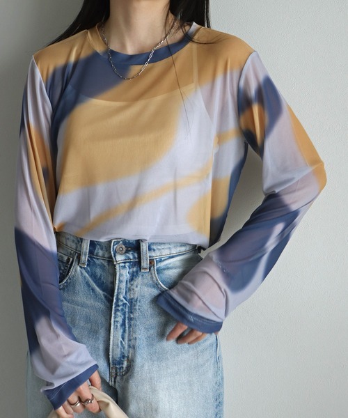 COURO（コウロ）の「アート柄ロングスリーブシアーＴシャツ（Tシャツ/カットソー・レディース・ブルー系/グリーン系/ピンク/ブルーグレー/パープル系/グレー系・M/L）」の16枚目の写真