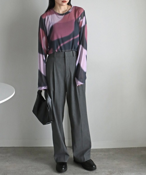 COURO（コウロ）の「アート柄ロングスリーブシアーＴシャツ（Tシャツ/カットソー・レディース・ブルー系/グリーン系/ピンク/ブルーグレー/パープル系/グレー系・M/L）」の7枚目の写真